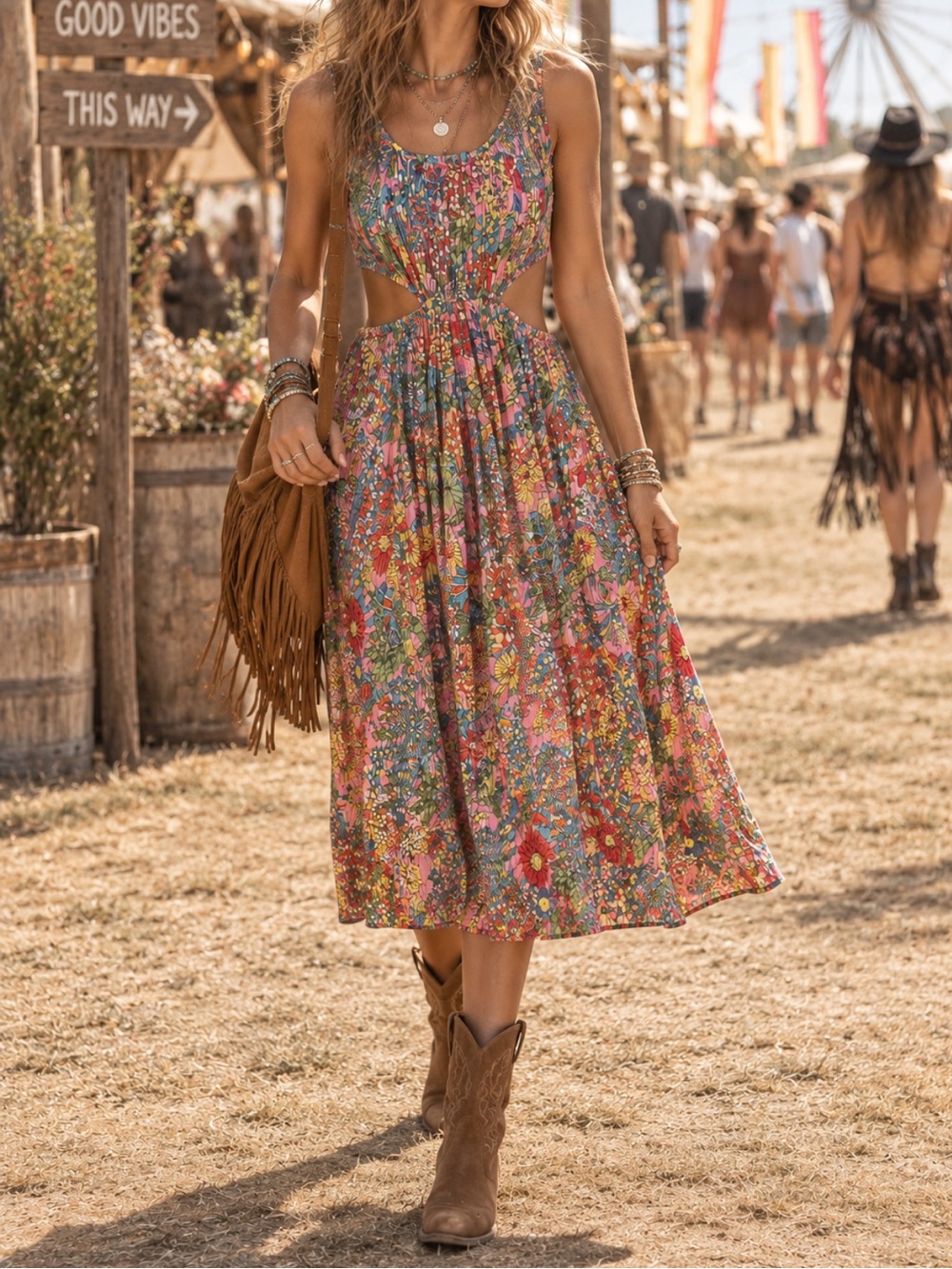 Zara Retro Hippie Multicolor Floral Cutout Pleated Midi Dress